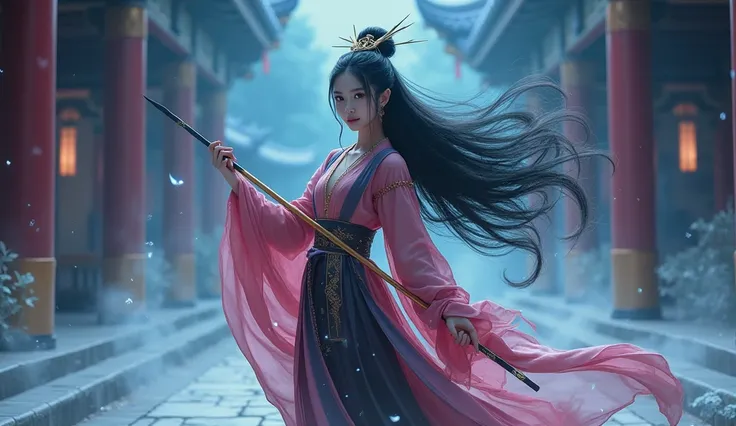 Woman, most beautiful, Sweet, elegant ,full body ,large breasts, young, black hair, Demon slayer pose, standing holding a spear, wearing women's earrings, (((1 girl)))，imperial shadow, magician，（perfect facial features：1.4），（Black pink and gold silk robe），...