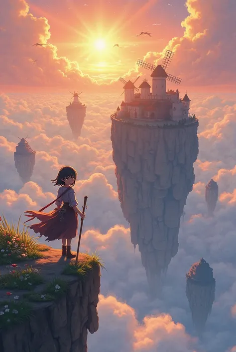 The scene opens with a breathtaking panorama of floating islands drifting in a sea of clouds. The largest island, Aerith, dominates the frame, its jagged cliffs adorned with windmills spinning lazily in the breeze. The sky is a gradient of warm gold and pi...