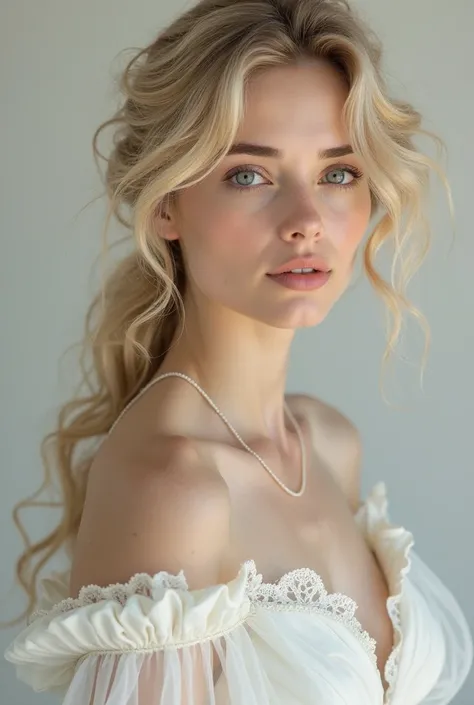 Very beautiful blonde woman wearing a very beautiful white dress with curly hair 