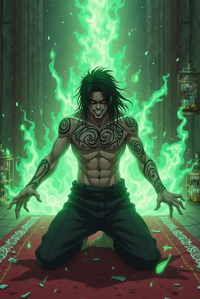 characters from Naruto Shippuden, a crazy man with long black hair, shirtless, with several black marks that extend all over his chest. he is kneeling on a red carpet. He is absorbing souls (with a green glow), of several s lying in cages, he absorbs throu...