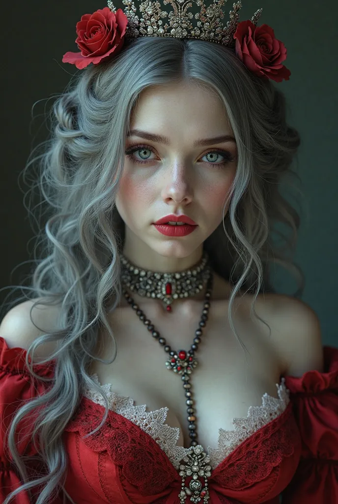 girl,  gray hair,  long hair, sharp teeth, Ojos rojos,  long eyelashes , pale skin,  pink lips ,  big breast, vestido rojo victoriano, corona, joyas.