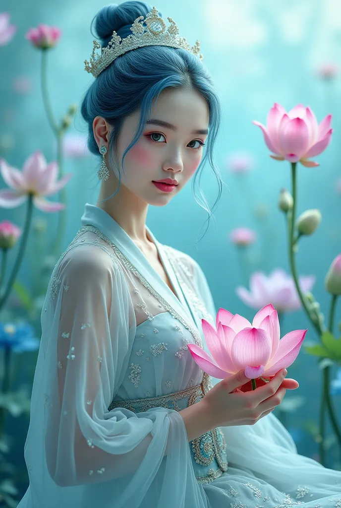 A beautiful, flawless girl wearing a Thai dress and an exquisite bag of fabric, sits holding a lotus flower in the shape of a lotus, light blue hair, in white eyes, knows a light five-colored iris.