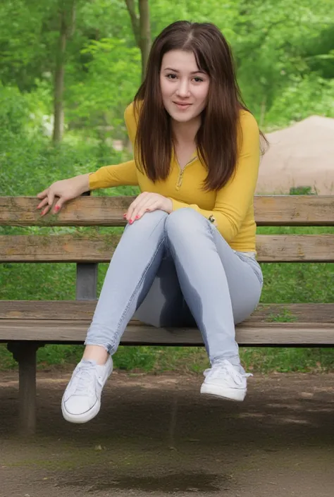 Photo réaliste d'une adolescente assise sur un banc au parc. Elle porte un haut jaune, un jeans gris et des baskets blanches. She is peeing self. Pee puddle. Elle regarde le spectateur en souriant.