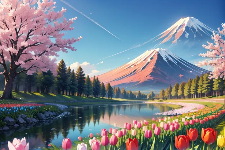 Mount Fuji towering、Tulips in full bloom、lots of tulips、Lake shining in the morning sun