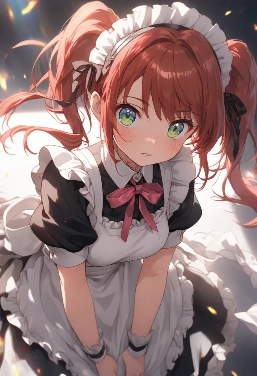 1girl, red hair, green eyes, pigtails, hair intakes, freckles, parted lips, tooth, maid, maid headdress, medium chests, maid dress, puffy short sleeves, white pantyhose, apron, maid apron, puffy sleeves, solo, anime girl, sharp focus, perfect hands, perfec...