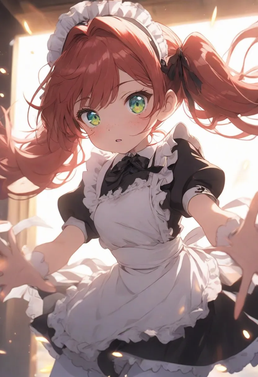 1girl, red hair, green eyes, pigtails, hair intakes, freckles, parted lips, tooth, maid, maid headdress, medium chests, maid dress, puffy short sleeves, white pantyhose, apron, maid apron, puffy sleeves, solo, anime girl, sharp focus, perfect hands, perfec...