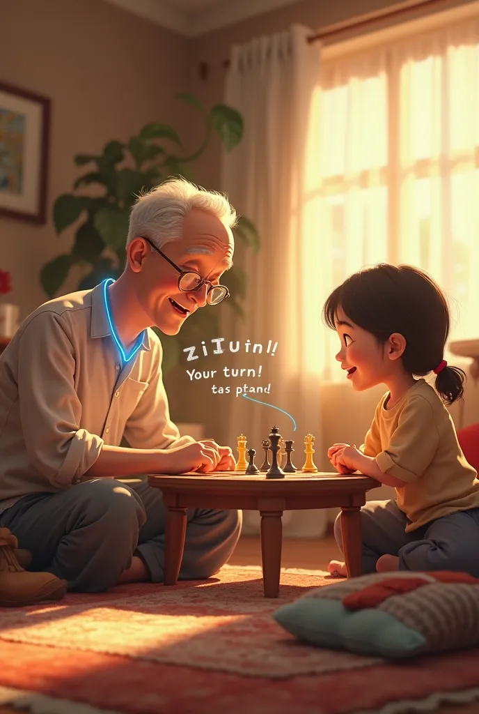 "A multi-generational family in a cozy living room: a grandfather with aphasia wearing a neck patch plays chess with his granddaughter. The patch projects a holographic interface showing pre-recorded phrases like 'Your turn!' in Mandarin. The granddaughter...