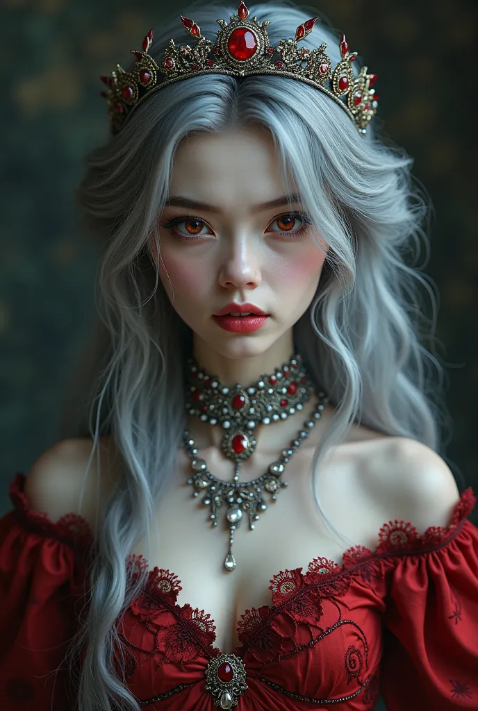 girl,  gray hair,  long hair, sharp teeth, Ojos rojos,  long eyelashes , pale skin,  pink lips ,  big breast, vestido rojo victoriano, corona, joyas.