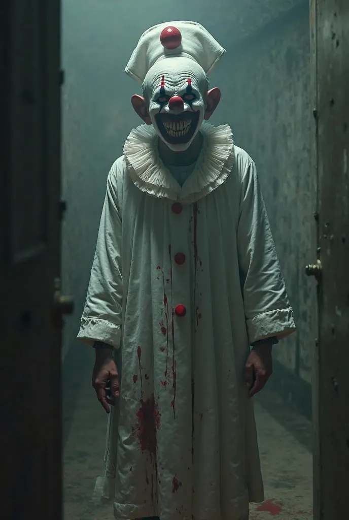 Clown in a killer nurse's robe 