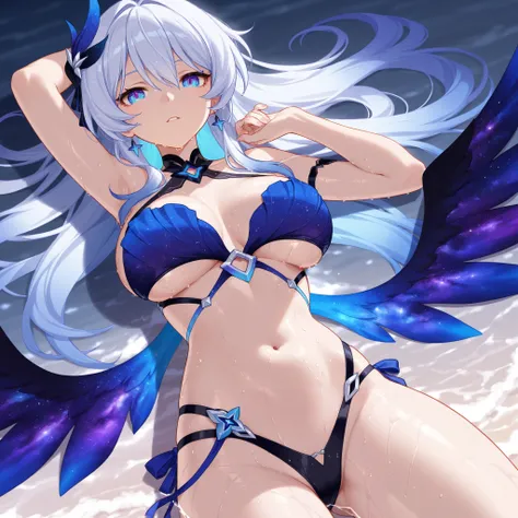 Honkai Impact 3、Kiana、best image quality、 best thighs、Beautiful breasts、wet body、Galaxy eyes、Galaxy Wings、sea hair、So that the whole thing is reflected、