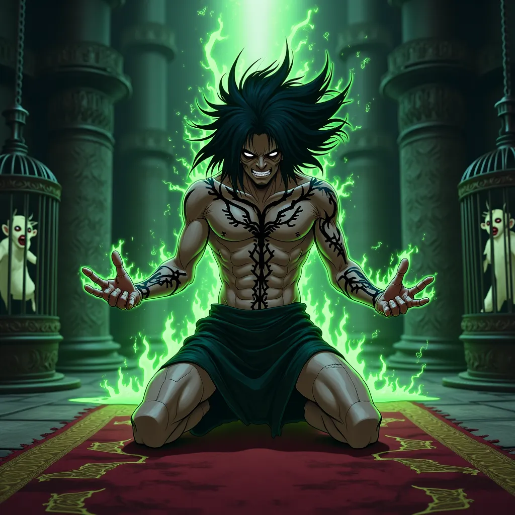 characters from Naruto Shippuden, a crazy man with long black hair, shirtless, with several black marks that extend all over his chest. he is kneeling on a red carpet. He is absorbing souls (with a green glow), from several s soon in cages, he absorbs thro...