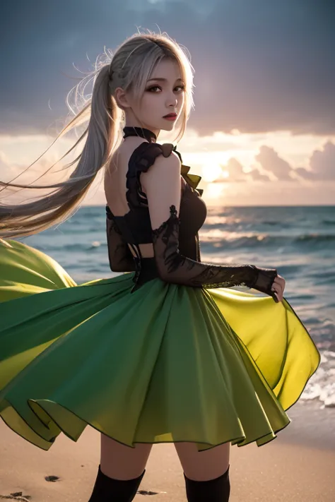 ( 1 girl),gothic, twin tails,White Hair, Gorgeous and elaborate clothes,gothic,  flying, green, ( colorful ), Bold,  Gradient Blend,  motion blur ,  Sparkling Textures ,   dynamic composition,  atmospheric perspective ,  impressionistic , , (masterpiece), ...