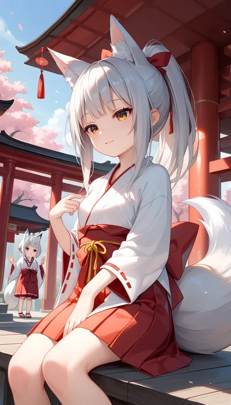 Highest quality, insanely detailed, expressive eyes,  1 ,  Silver Hair, Silver fox ears, fox tail, 1 silver tail,  lori, Young girl figure , Shrine maiden, japanese white clothes, red hakama,  miko_dress, ponytail, A shrine without people, 