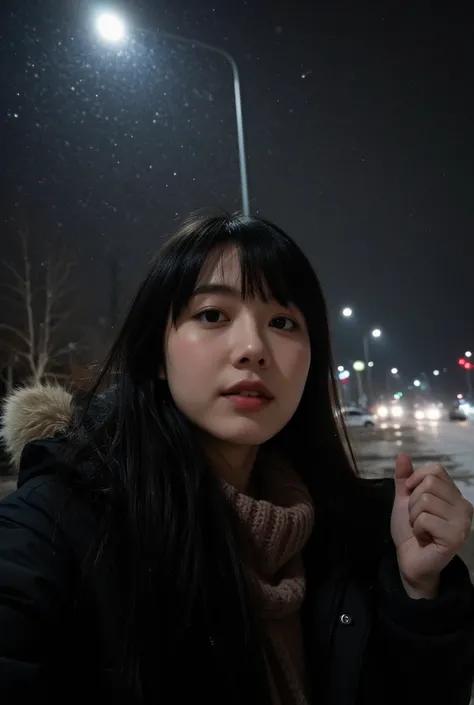 amateur photo, Instagram POV style selfie looking at the viewer, dark day, no makeup, she has long black hair with bangs, it's snowing, it's night, she's under a streetlight, she's wearing a winter jacket and scarf, she takes a photo from different angles