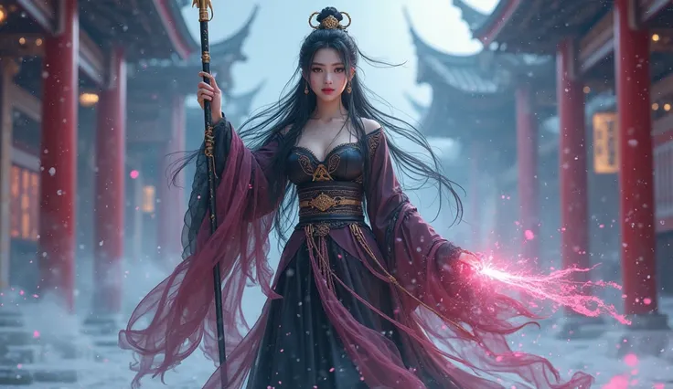 Woman, most beautiful, Sweet, elegant ,full body ,large breasts, young, black hair, Demon slayer pose, standing holding a spear, wearing women's earrings, (((1 girl)))，imperial shadow, magician，（perfect facial features：1.4），（Black pink and gold silk robe），...