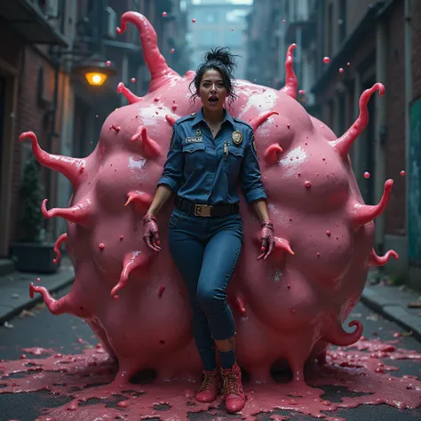 Realistic, bloody horror death scene. Massive, bulbous blob of congealed pink slime fills a grimy back alley at night. Slimy tendrils ensnare a 30 year old attractive white police woman, dressed in a shredded and tattered blue American police uniform. Shap...