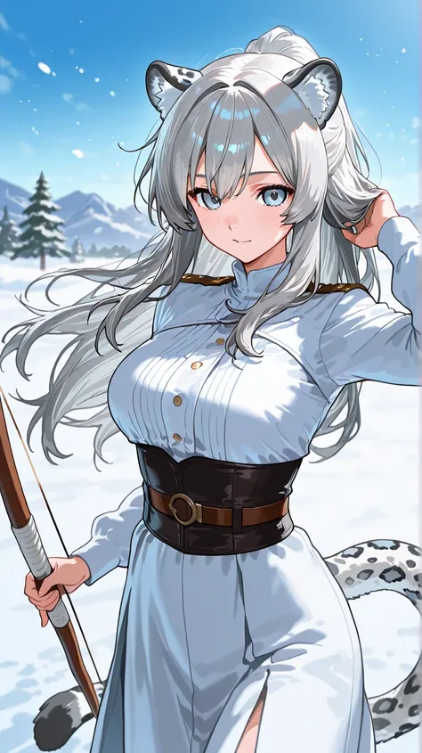 (Victory、Highest quality: 1.2)、Shallow depth of field、1 girl、anime art、( front view) focus on your face、Highest quality、Super Detailed Illustration of a Woman Drawing a Magic Arrow 、 half up hair、long hair、  Silver Hair、Snow leopard ears 、Snow leopard tail...