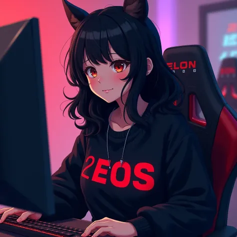 1 ,playing on PC Gamer, quanrto gamer, big black sweatshirt, 2K EOs written in red on the sweatshirt,  big black hair, anime style, Adult woman 