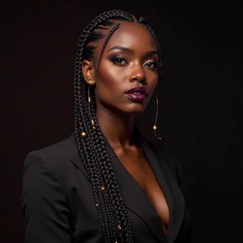 "Ultra-realistic studio portrait of a Black model with a rich caramel skin tone and waist-length Fulani braids adorned with gold beads. Her makeup is bold, featuring deep plum lipstick and a sculpted highlight that enhances her cheekbones. She wears a stru...