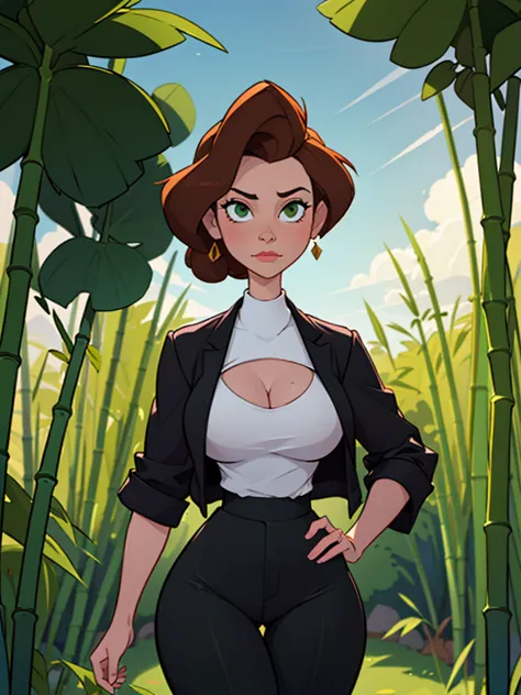 Annie Hughes with short brown hair, standing in a serene bamboo forest. She wears a fitted black top with a plunging neckline, highlighting her elegant figure, and tight black pants that accentuate her curves. The towering green bamboo stalks create a tran...