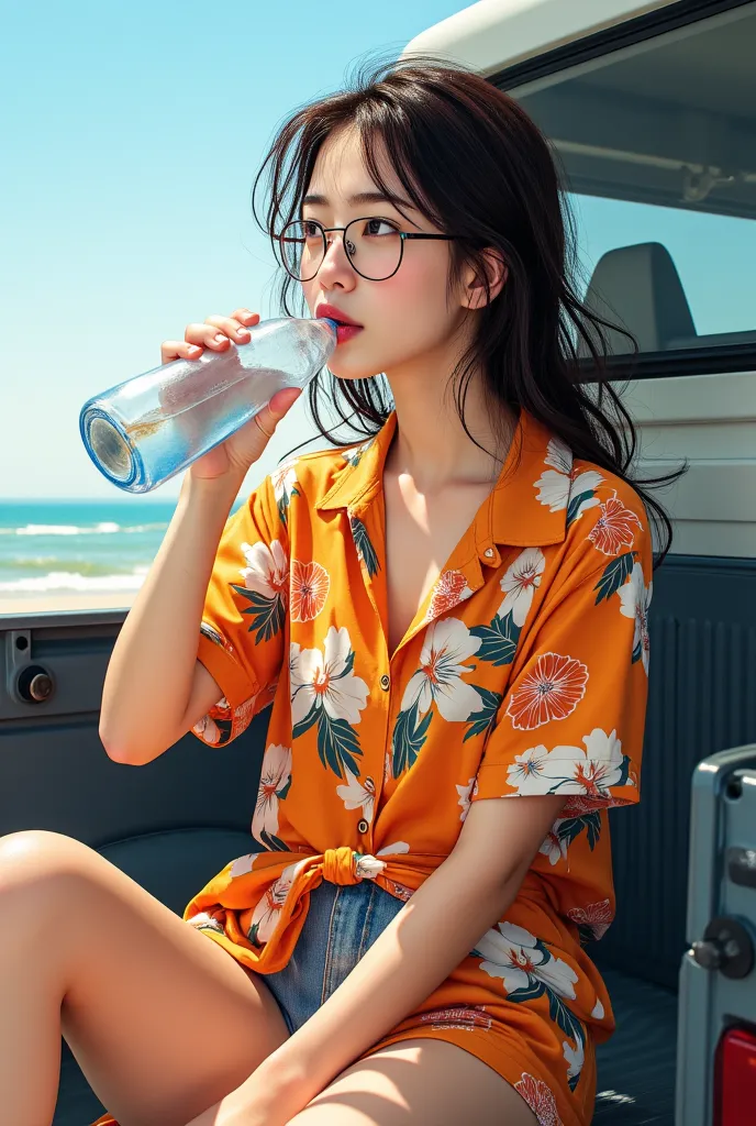 ((TOP QUALITY)), ((傑TOP QUALITY、 Masterpiece、High sensitivity、high resolution、 detailed depiction of up to the front door、 delicate face depiction ))Slender Woman、glasses、 Hawaiian shirt 、Drinking bottled water、Sit on the bed of a light truck、