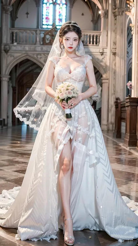 A beautiful young Japanese woman, 26 years old, with healthy thighs, beautiful legs, flawless skin, random hair color and style, large breasts, wearing a (wedding dress:1.3), (she is standing:1.2), full body shot, high heels, holding a bouquet in her hands...