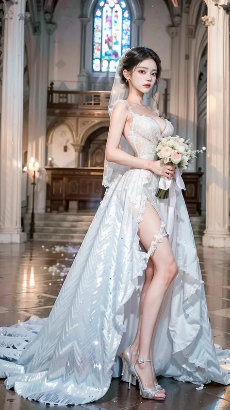 A beautiful young Japanese woman, 26 years old, with healthy thighs, beautiful legs, flawless skin, random hair color and style, large breasts, wearing a (wedding dress:1.3), (she is standing:1.2), full body shot, high heels, holding a bouquet in her hands...