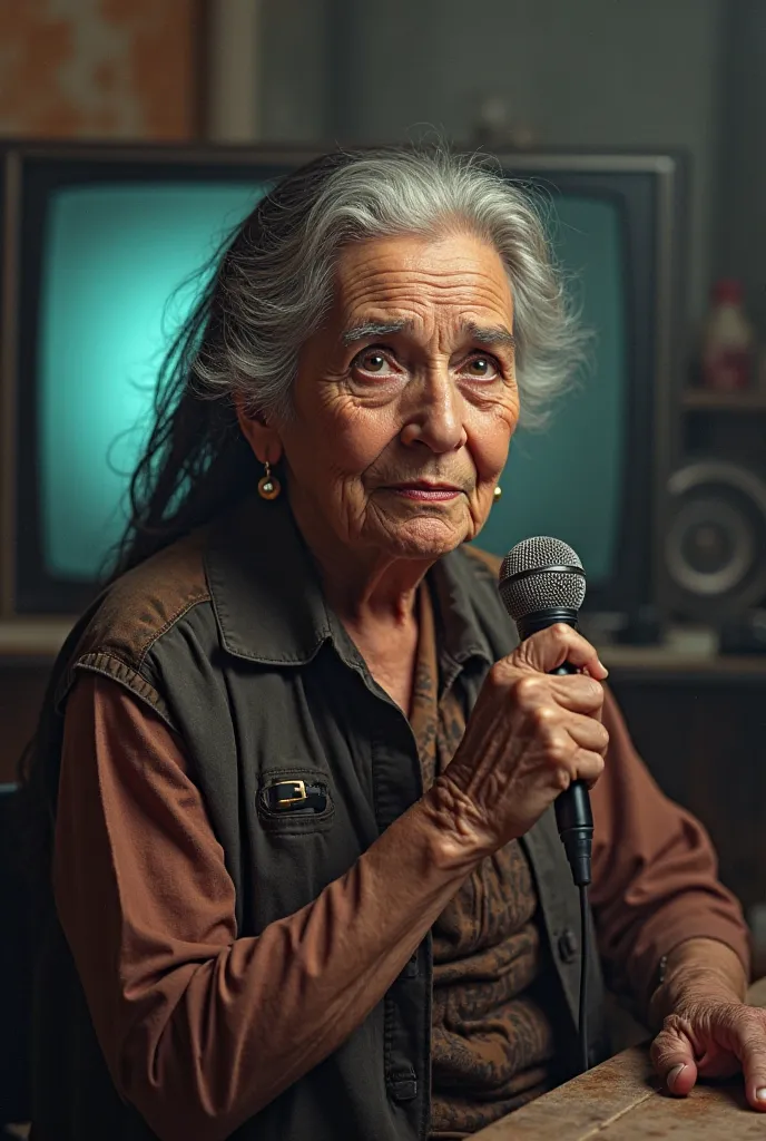 An elderly Mexican gypsy reporter with microphone in her hand in the background of a television set