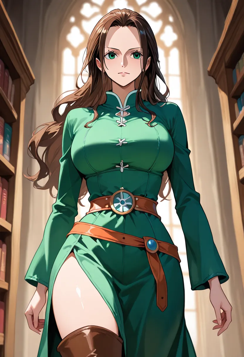 1 girl, ONLY one character, nico robin, dark wavy brown hair, long hair, green eyes, in a library, medieval magician, medieval noble, brown boots, thigh boots, green outfit, fantasy adventurer outfit, elegant, confident, cowboy shot, perfect eyes, perfect ...