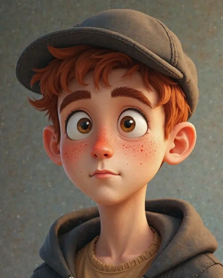 Cartoon cartoon of a fair-skinned young man with short curly red hair.  He has many freckles on his face.  His eyes are light and his expression is serious or neutral.  He is wearing a dark cap,  that appear to be made of soft fabric ,  and a dark jacket ....