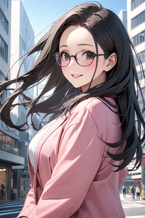 best quality, soft , super detail,  beautiful , 8k, 1 girl , long hair, black hair, outdoor, bright,  clear sky,  mature women, long hair, forehead, Black Eyes, glasses, pink clothes, in Tokyo city building, happy