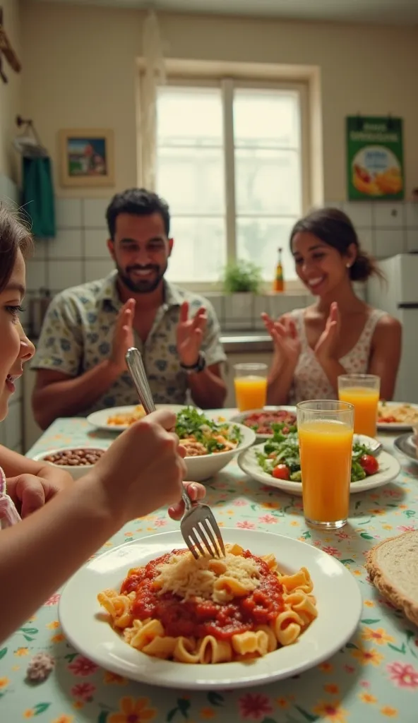 First-person perspective of a young  sitting at a family dining table in a cozy Brazilian home during the early 2000s. The 's small hands hold a fork over a plate of pasta with tomato sauce, cheese, and farofa. The table is covered with a floral-patterned ...