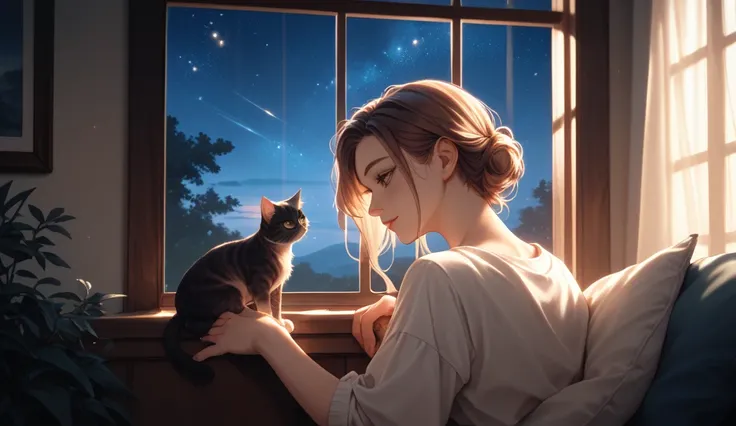 A night atmosphere (a window with a view of the starry sky, gentle lighting) a girl (with a gentle expression, soft light) a cat (nearby, relaxed atmosphere) anime style (delicate touch, beautiful lighting) looking outside.