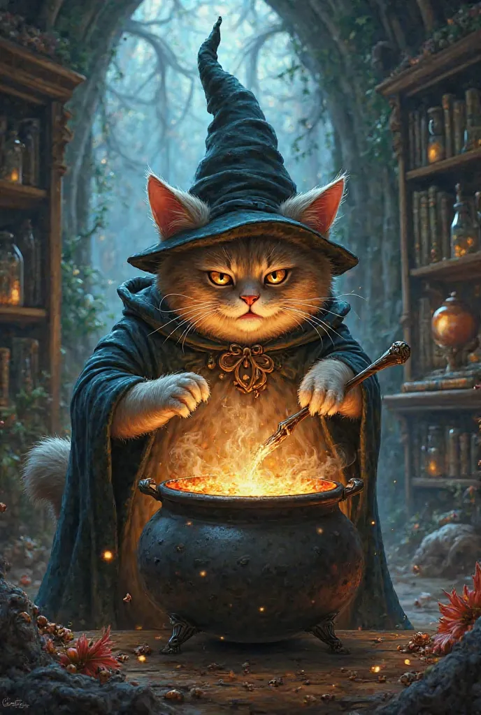 Fat witch cat stirring a cauldron 