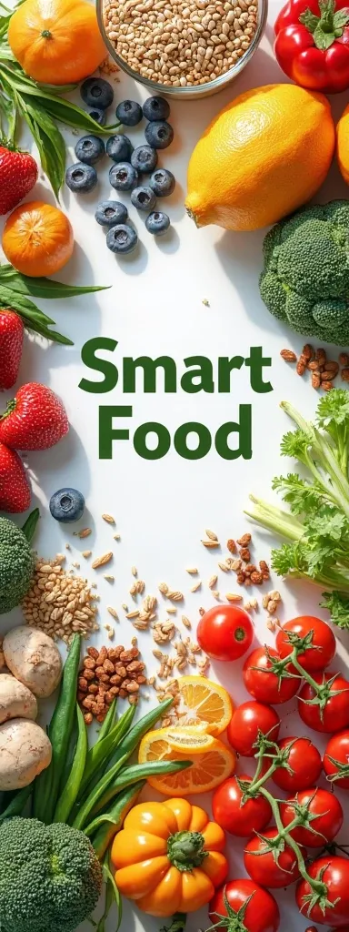 Create the cover image of a book with healthy foods (The cover must be realistic), Put the title " Smart Food" on the cover 