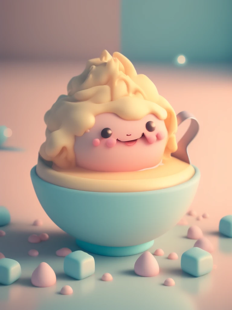 custard with a very cute face,  dreamy , Shine, highly  exhaustive, Octane Rendering,  photo like the picture , cinematic shot, dynamic composition, sharpen,  exhaustive,  professional lighting,  movie lights, , ANAMORPHIC,  pastel ,  Lightroom,  cinematog...