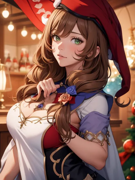 1woman, wearing a Christmas outfit with a red Christmas hat and jacket, near an indoor Christmas tree, Christmas winter season, brown hair, Lisa's hair style, 8K,  Moonlight Night , High quality,  high precision leather