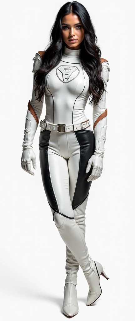 A beautiful and gorgeous black hair female hero wearing leather white and black honeycomb textured tight fit leather spandex costume. White gloves and belt and boots.. hero suit with silver P symbol on his chest,standing in a super hero pose,high quality,b...