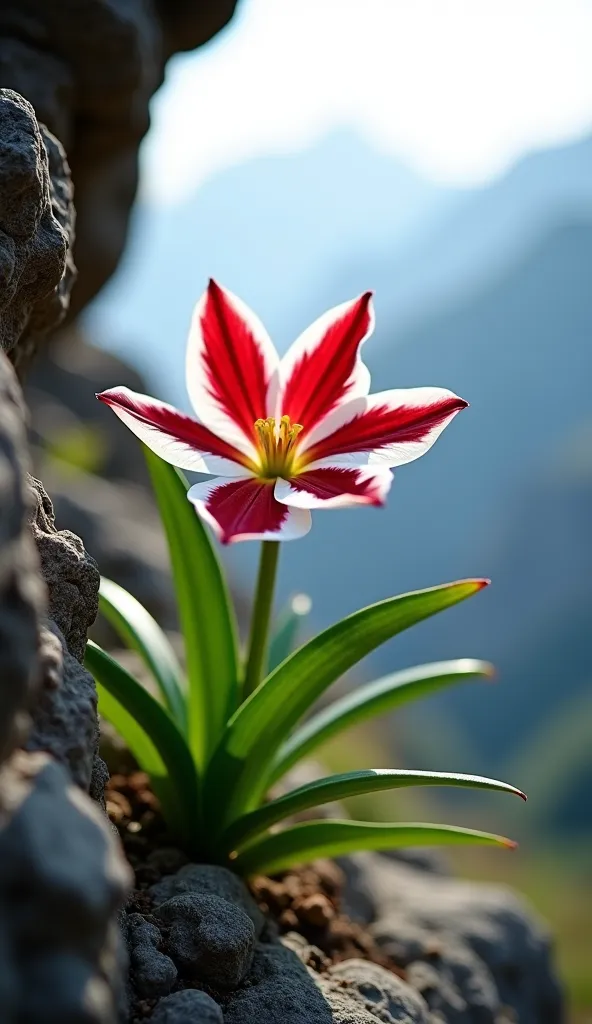 An exotic red and white flower grows in a rock crevice in the mountains. The petals are white with striking red edges, and has a soft yellow center. Fresh green leaves spreading from the base of the stem. The background shows a misty mountain landscape wit...