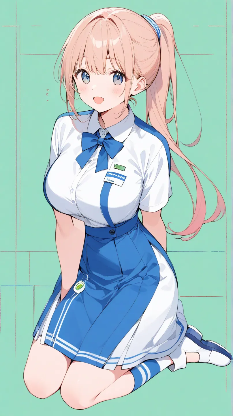 Light color、 line art ,High Resolution、 in detail、Lower ponytail、one girl,cute,:d,stylish,Colorful and cute background、 female college student、 lower breasts visible 、revealing clothes、a combination of FamilyMart and Lawson uniforms、((full body))、high qual...