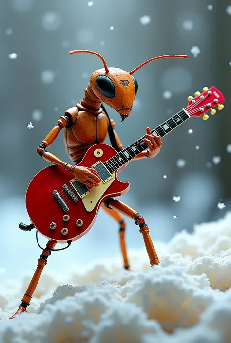 Formiga playing guitar on top of a sheet, dressed as a rocker, red guitar, ultra realistic, Deep details, Winter scenery,  falling snow, 4K.