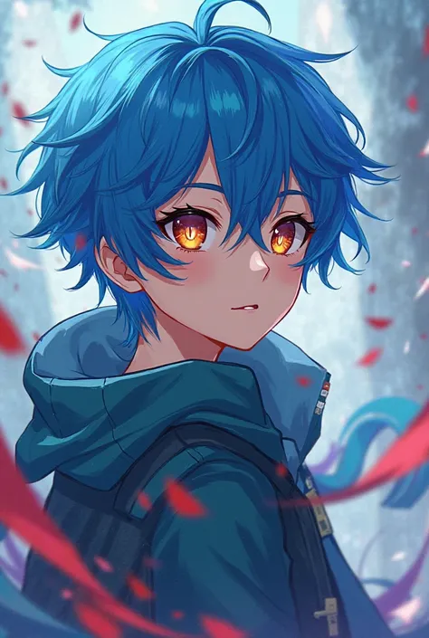 Create a male blue-haired character, anime