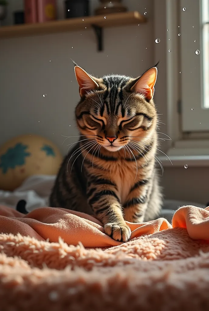 A wet cat of the species sleeping in your bed 


