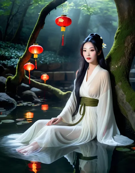 A mystical and ethereal scene featuring a breathtakingly beautiful woman with long, flowing black hair, resembling a celestial being. She is sitting gracefully in a hidden hot spring, deep within an enchanted forest surrounded by mist and ancient trees cov...