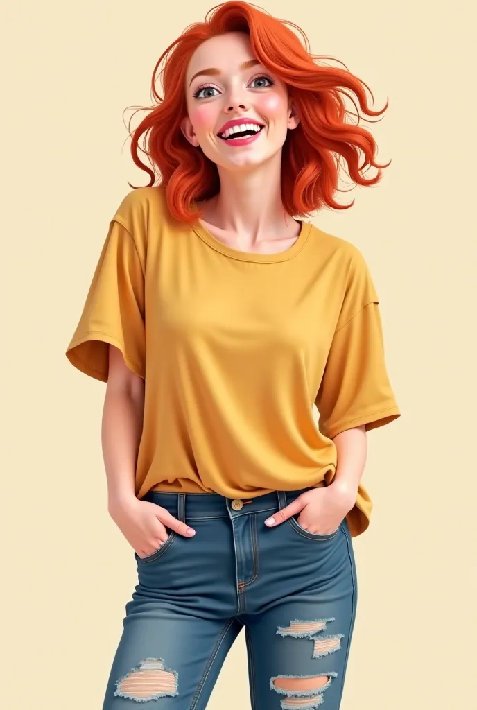 A smiling red-haired woman with a relaxed and relaxed look. Her red hair is slightly messy, falling naturally over the shoulders.  She wears casual clothes, like a wide and comfortable t-shirt combined with ripped jeans and sneakers. Her smile is spontaneo...