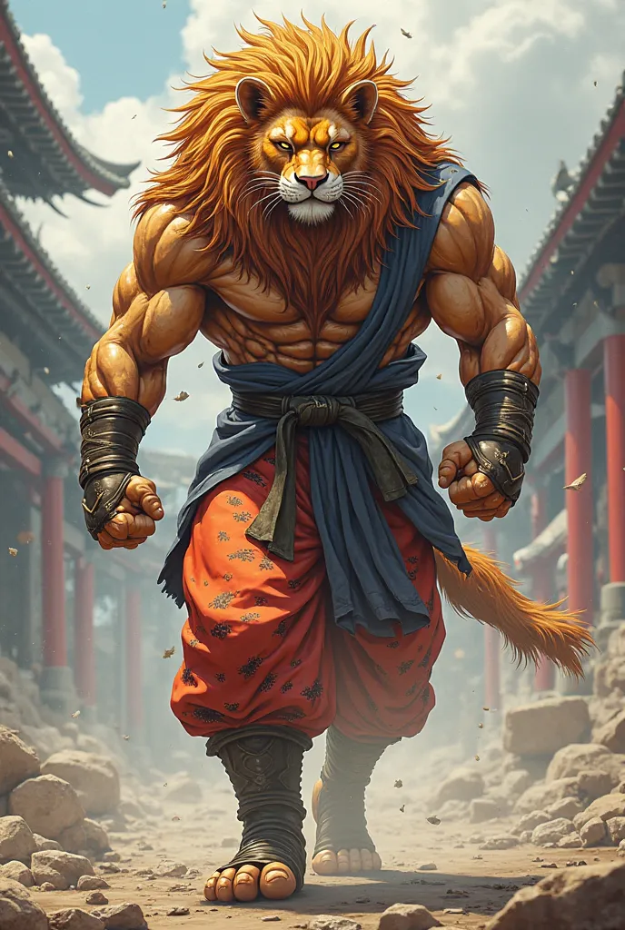 Lion with human body powerful fighter, Walking to the side, JJK anime-style fighting clothing. Aura
Mejora 