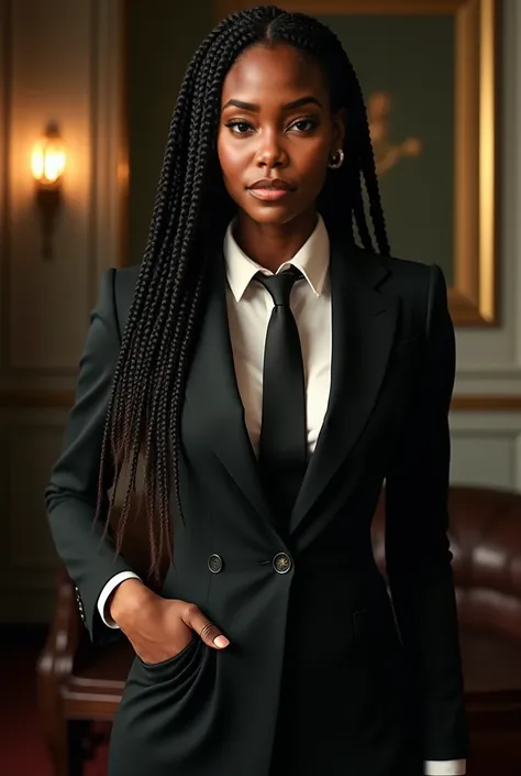 Besutiful African american woman with long braids wearing a man's suit and tie but feminine 