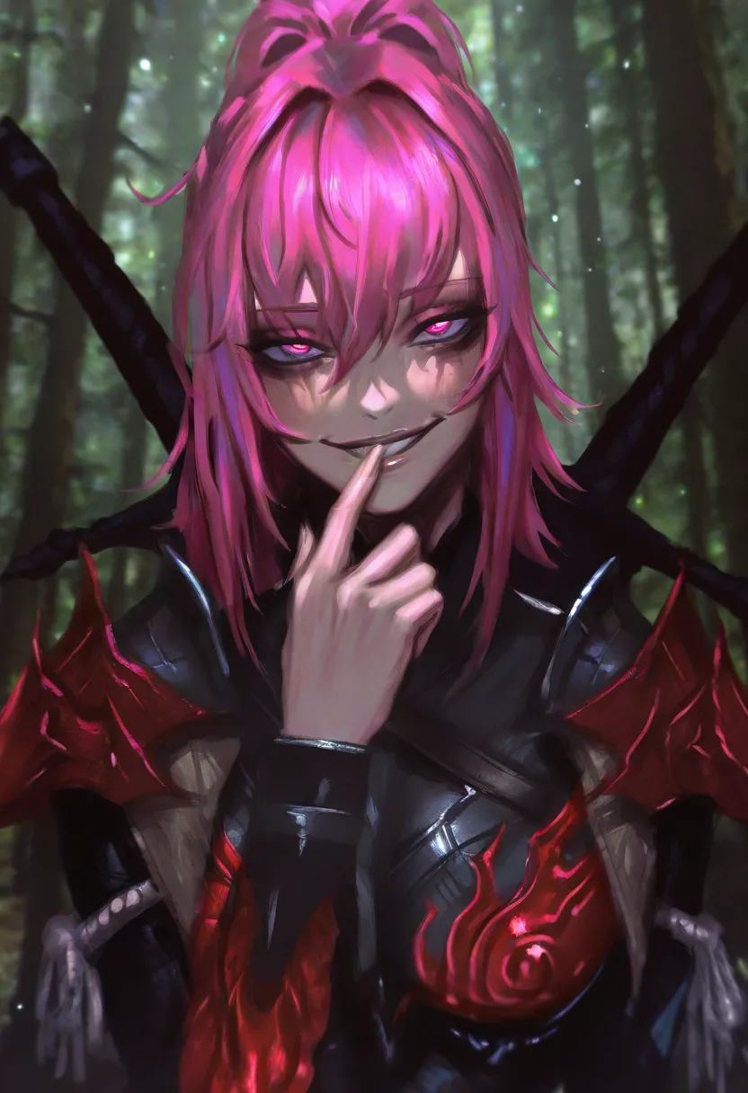 SHSLG,748cmstyle,masterpiece,best quality,amazing quality,high quality,very aesthetic,absurdres,newest,shaded,digital media \(artwork\),depth of field,mhrathfem,1girl,detailed background,forest,helmet,weapon on back,neon pink eyes,grin,finger to mouth,mage...