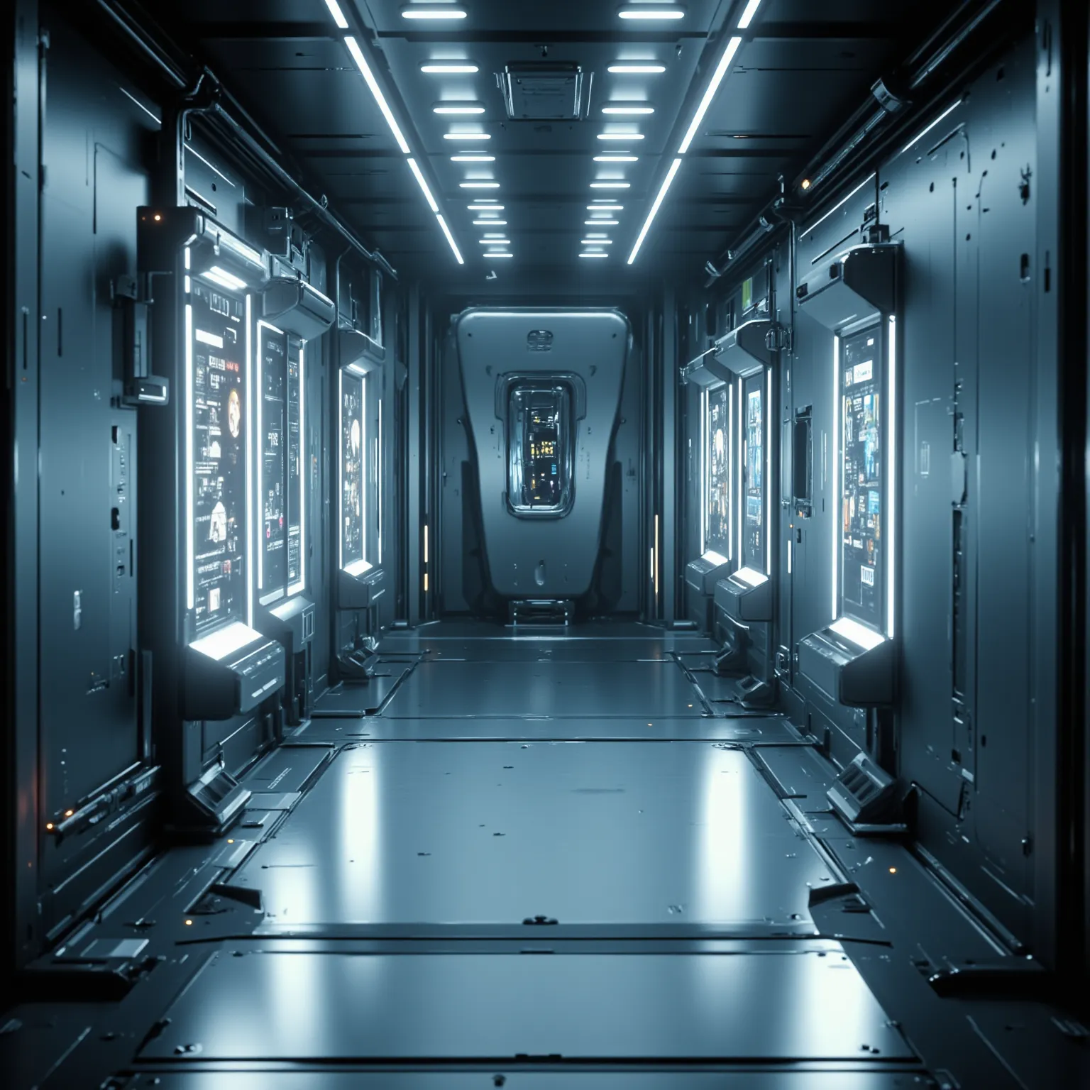 The image shows a futuristic corridor inside an advanced station. The metal walls shine with lights embedded in the ceiling and floor, creating a high-tech environment. To the left and right of the corridor, several futuristic doors are equipped with holog...