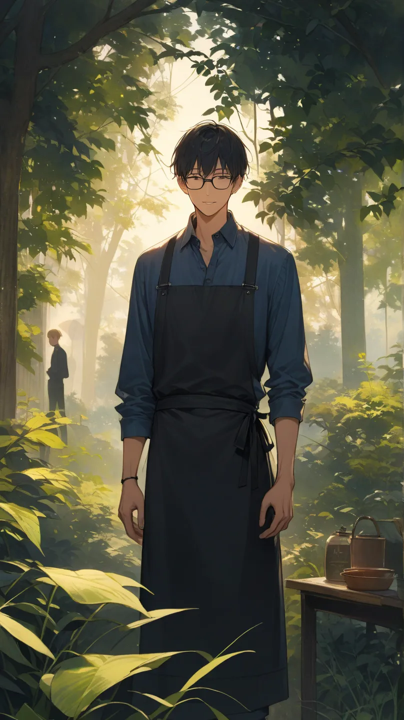 (green Back)、glasses、The Man Who Grins、 slender and tall 、all back、full body、( cutter shirt、apron)、Low quality、(Stubble)